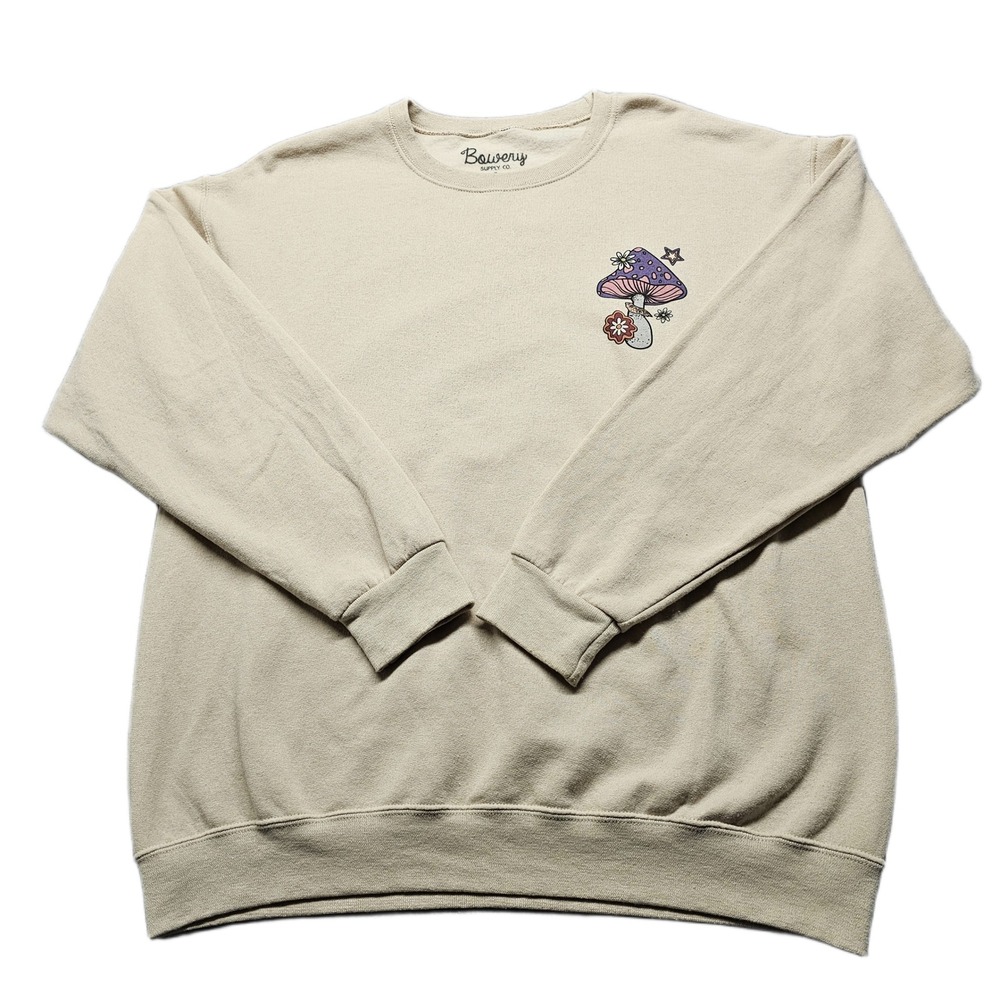 Bowery Supply Co. Sweatshirt Mens Large Tan Mushroom Graphic Crew‎ Neck Pullover